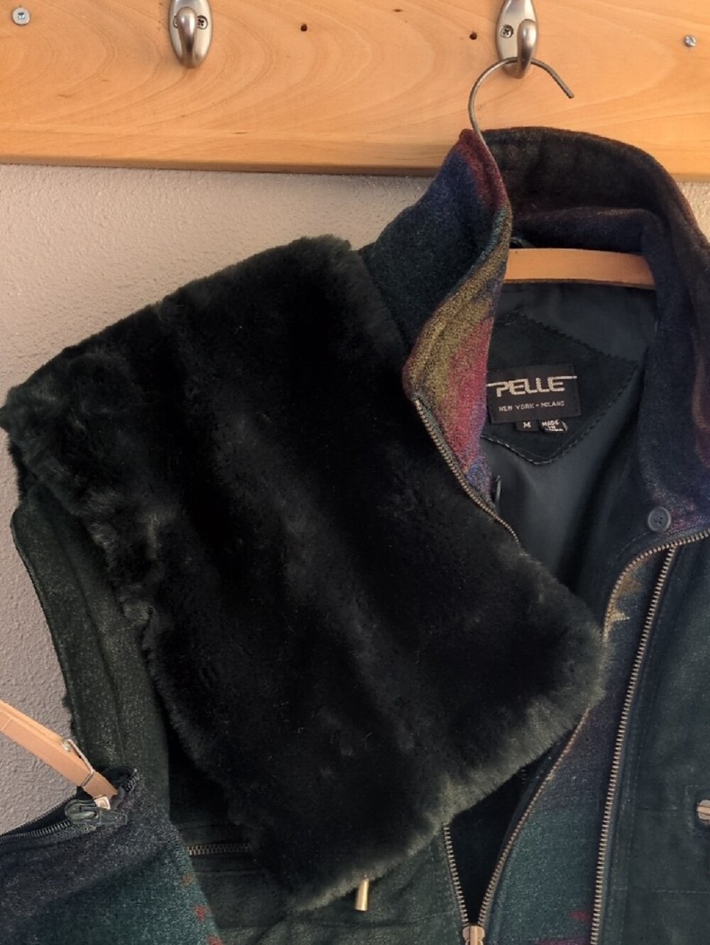 Pelle Dark Green Suede Puffer Jacket with Patterned Wool Sleeves - Picture 9 of 9
